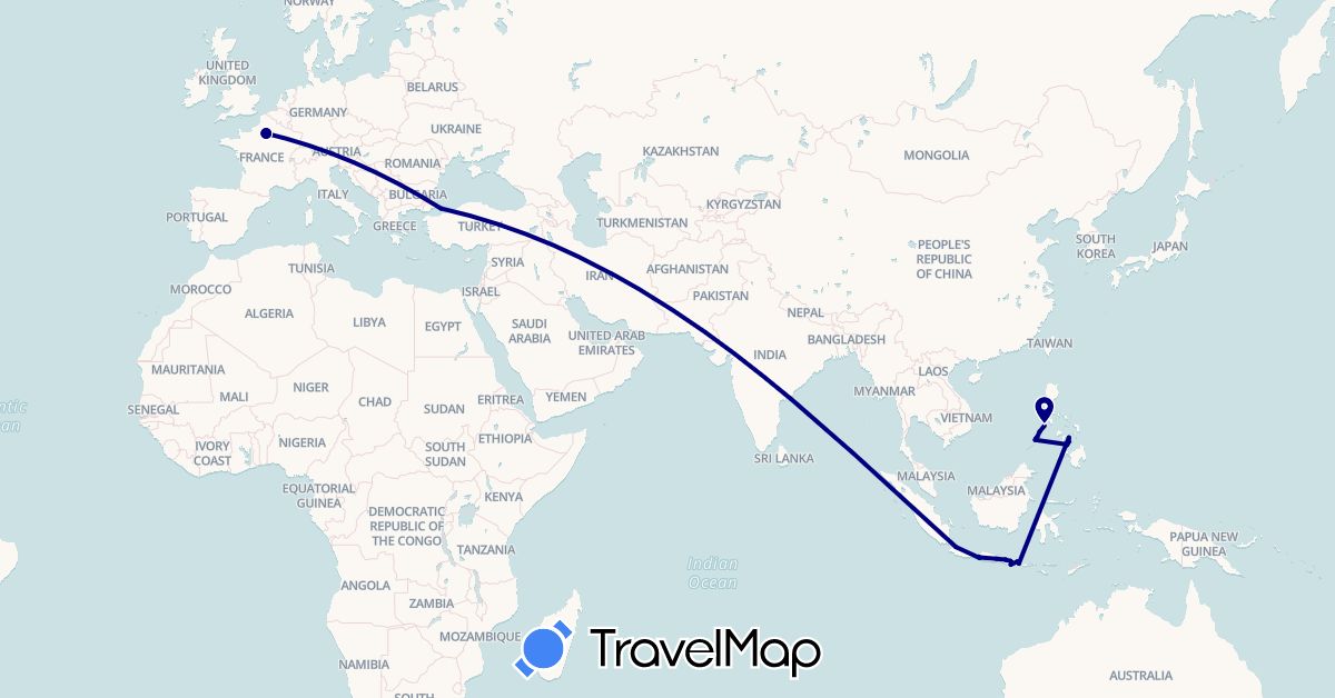 TravelMap itinerary: driving in France, Indonesia, Philippines, Turkey (Asia, Europe)